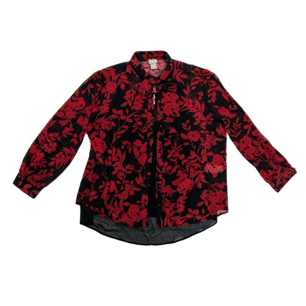 Chico's Red Black Floral Long Sleeve Sheer Ruffle Button Size 3P XL Petite